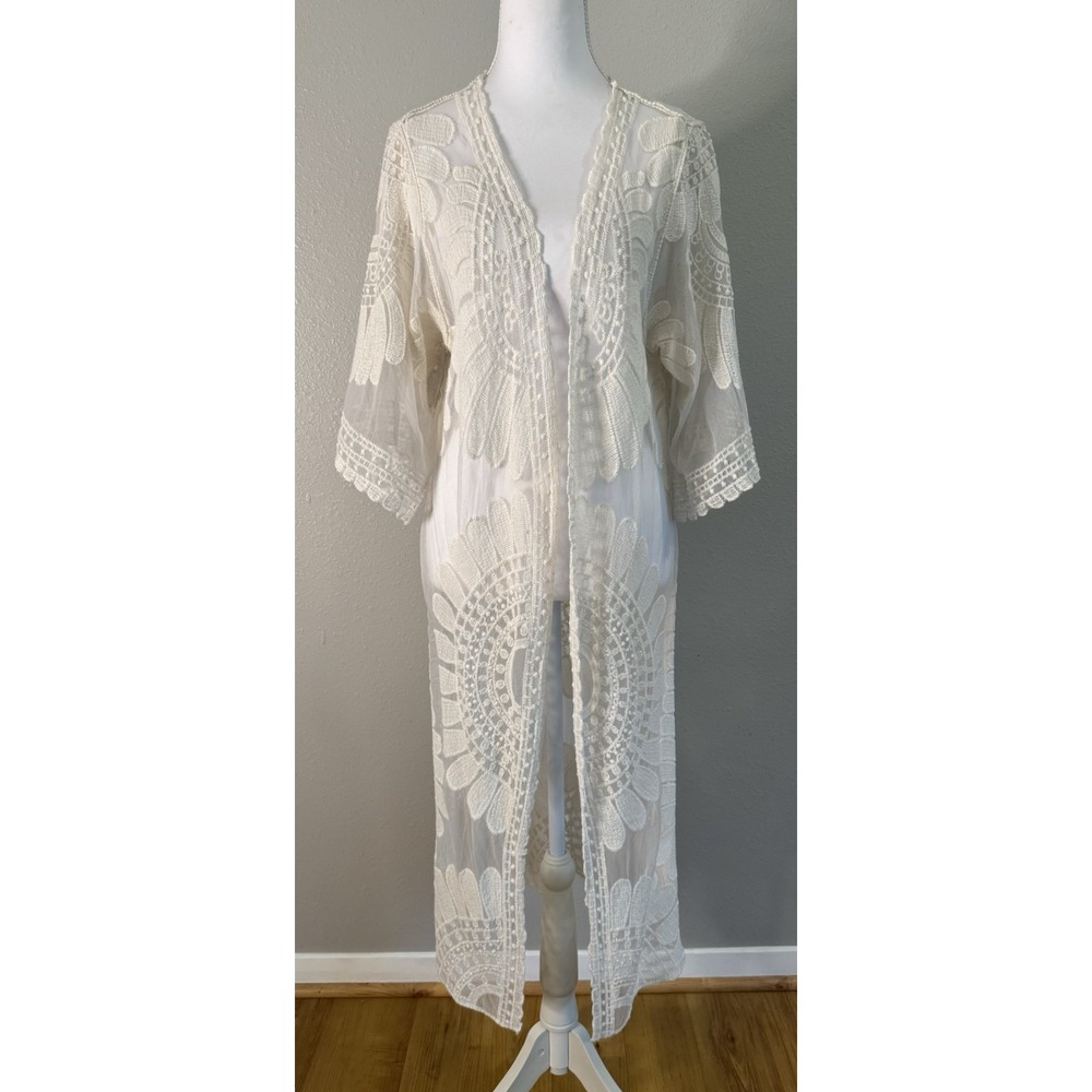 Rebellion Again Ivory Embroidered Sheer‎ Mesh Duster Kimono Boho Festival L